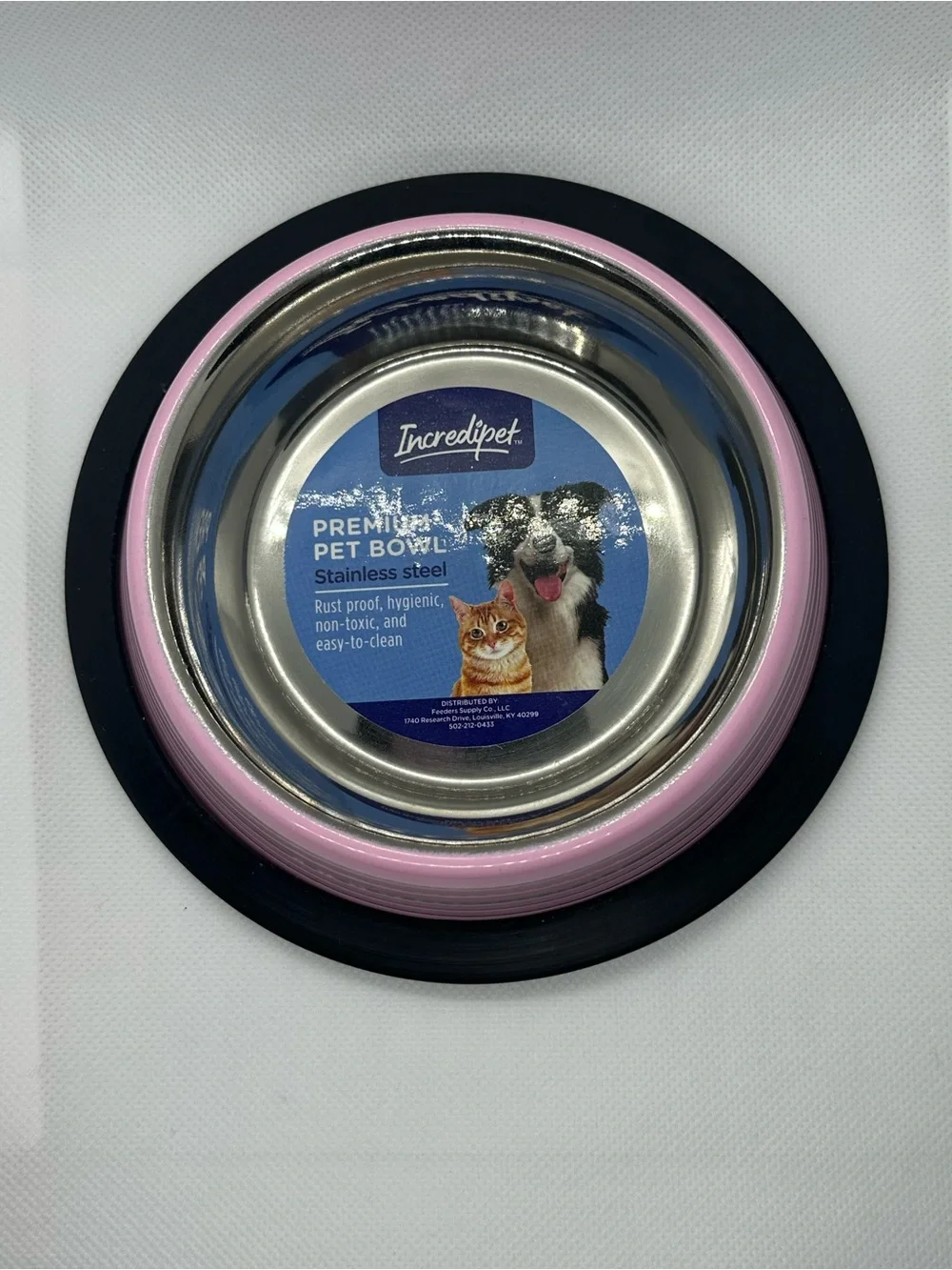 Stainless Steel Cat Bowl with Pink Exterior and Non-Slip Base